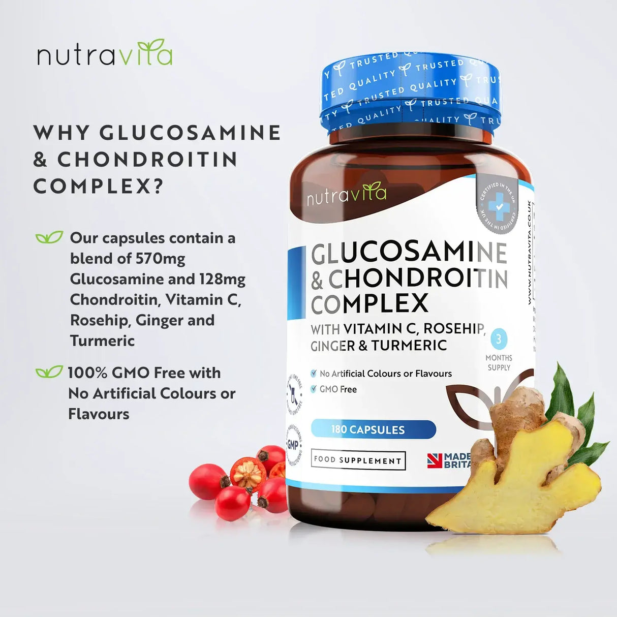Glükózamin-kondroitin /180 kapszula, 90 nap/ kurkumával, gyömbérrel & C-vitamin <tc>Nutravita</tc>