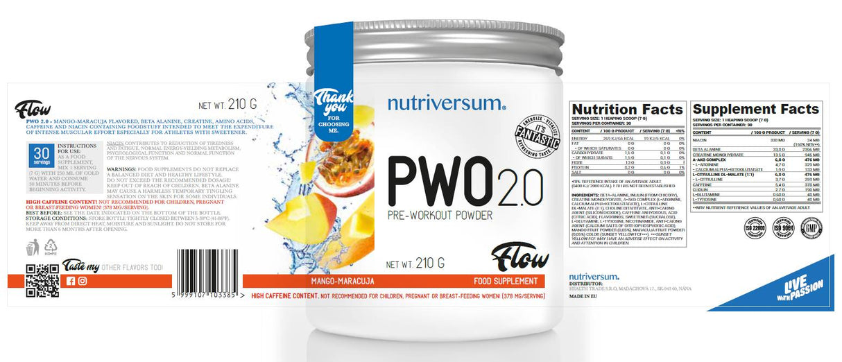 PWO 2.0 Flow | Pre-Workout Powder - 210 grams - Nutra Best Europe