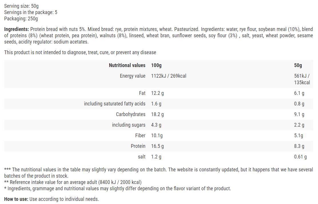 Protein Bread / Walnut - 250 grams - Nutra Best Europe