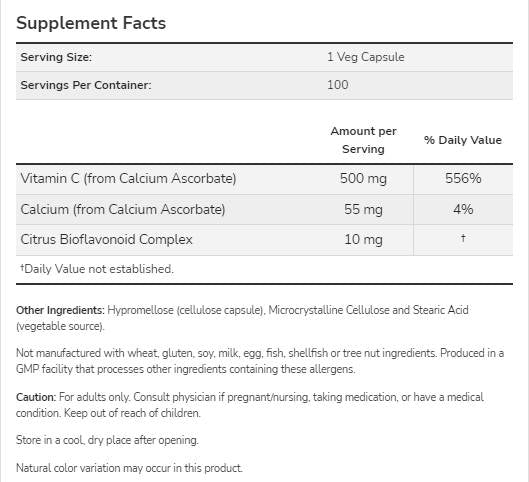 Vitamin C-500 | Calcium Ascorbate-C - 250 capsules - Nutra Best Europe