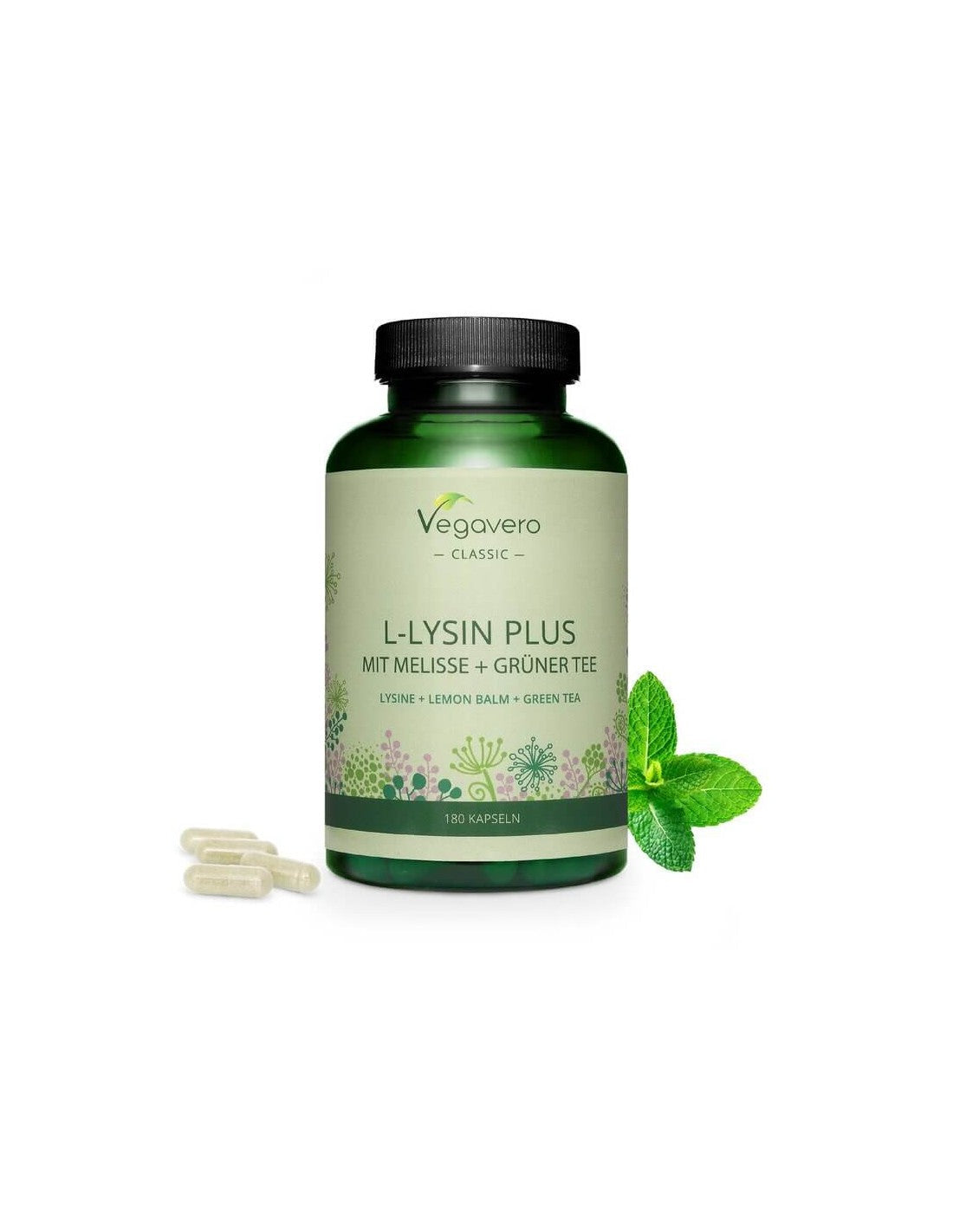 L-lysin plus mit melisse + grünter tee/L-lizin + citromfű és zöld tea, 180 kapszula, 100% vegán <tc>Vegavero</tc>