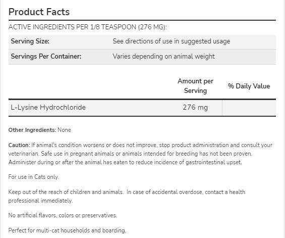 L-Lysine Powder | for Cats - 226.8 grams - Nutra Best Europe