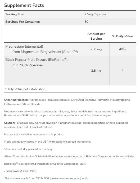 Magnézium-glicinát BioPerine®-nel - 60 kapszula