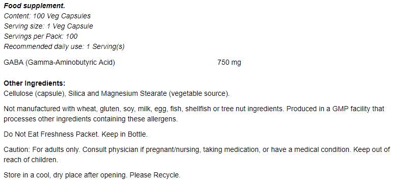 GABA 750 mg - 200 capsules - Nutra Best Europe