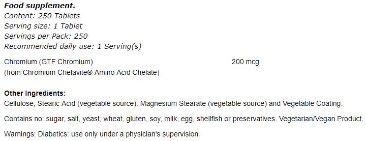 GTF Chromium 200 mcg - 250 Tablets - Nutra Best Europe