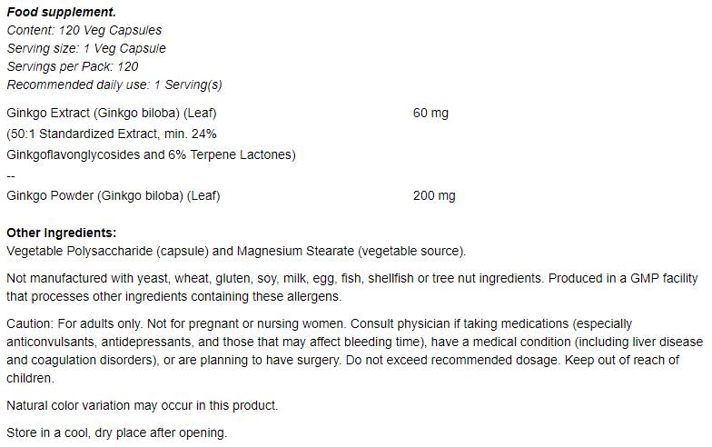 Ginkgo Biloba 60 mg - 60 capsules - Nutra Best Europe