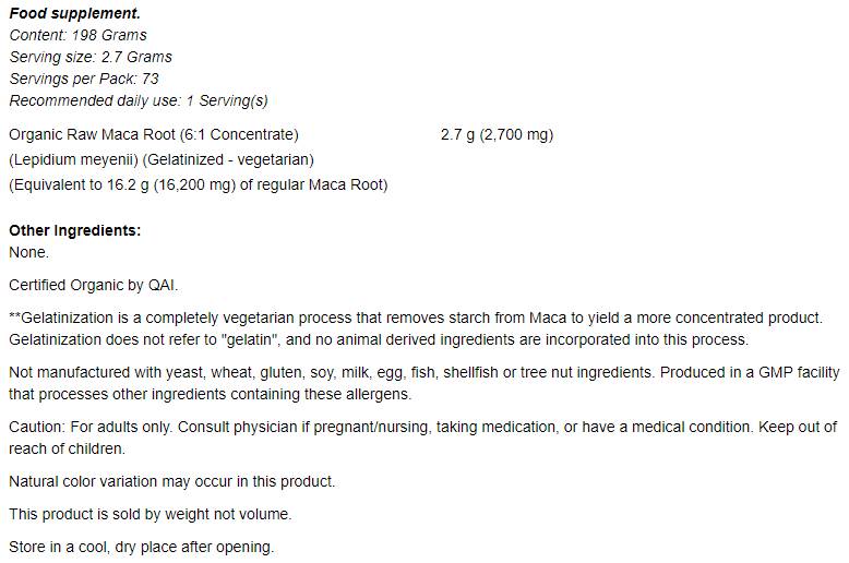 MACA 6:1 Concentrate Pure Powder - 198 grams - Nutra Best Europe