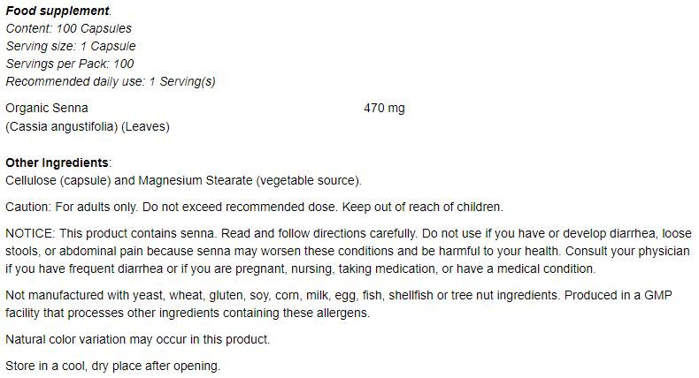 Senna Leaves 470 mg - 100 capsules - Nutra Best Europe
