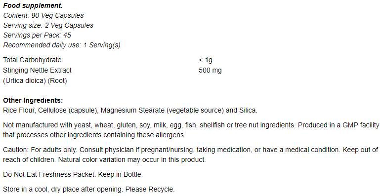 Stinging Nettle Root Extract 250 mg - 90 capsules - Nutra Best Europe