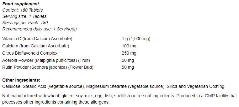 Vitamin C-1000 Complex - Buffered with 250 mg Bioflavonoids - 180 Tablets - Nutra Best Europe