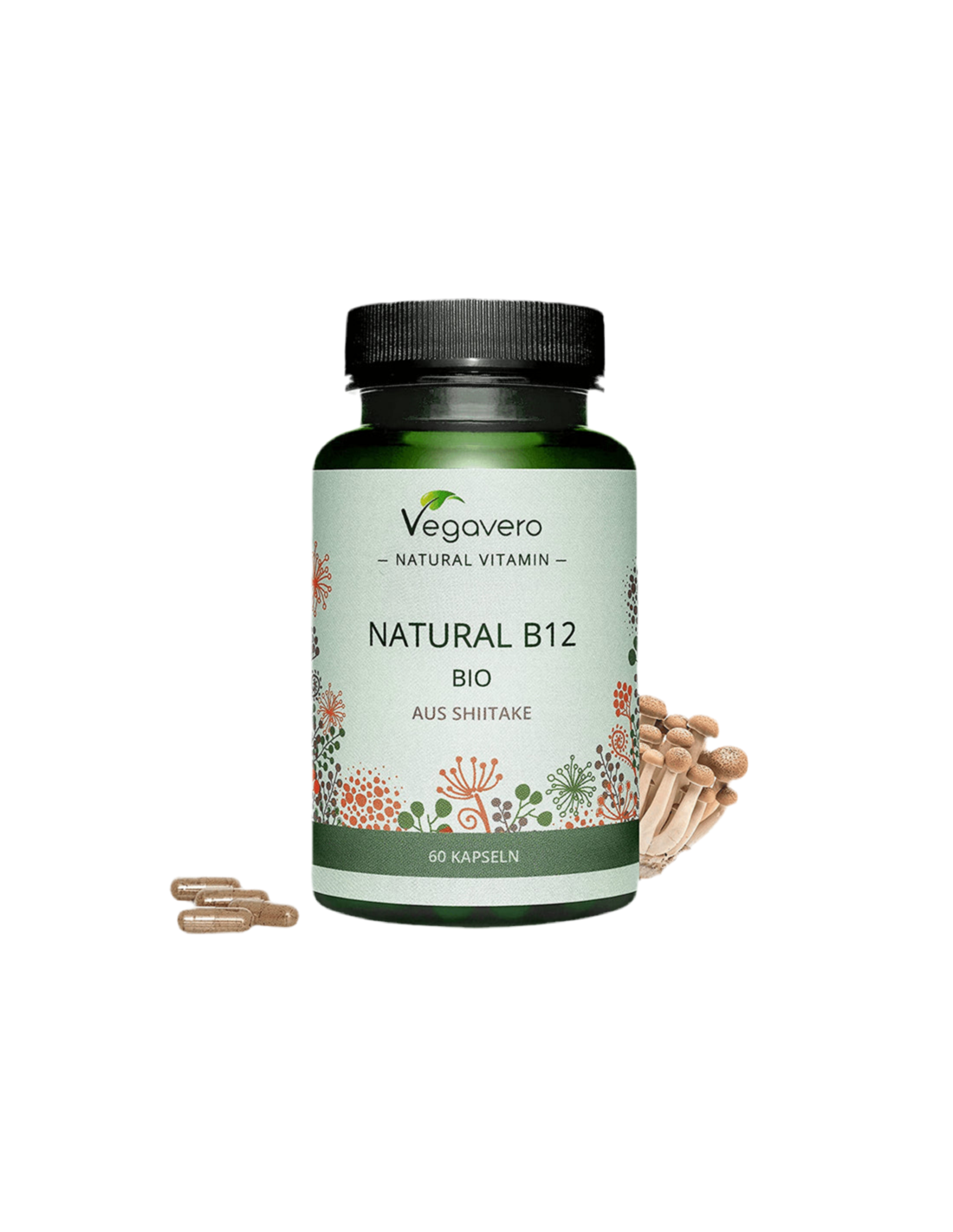 Természetes B12 BIO shiitake gombából/B12-vitamin (bio gyógyászati ​​shiitake gombából), 60 kapszula, 100%-ban vegán <tc>Vegavero</tc>