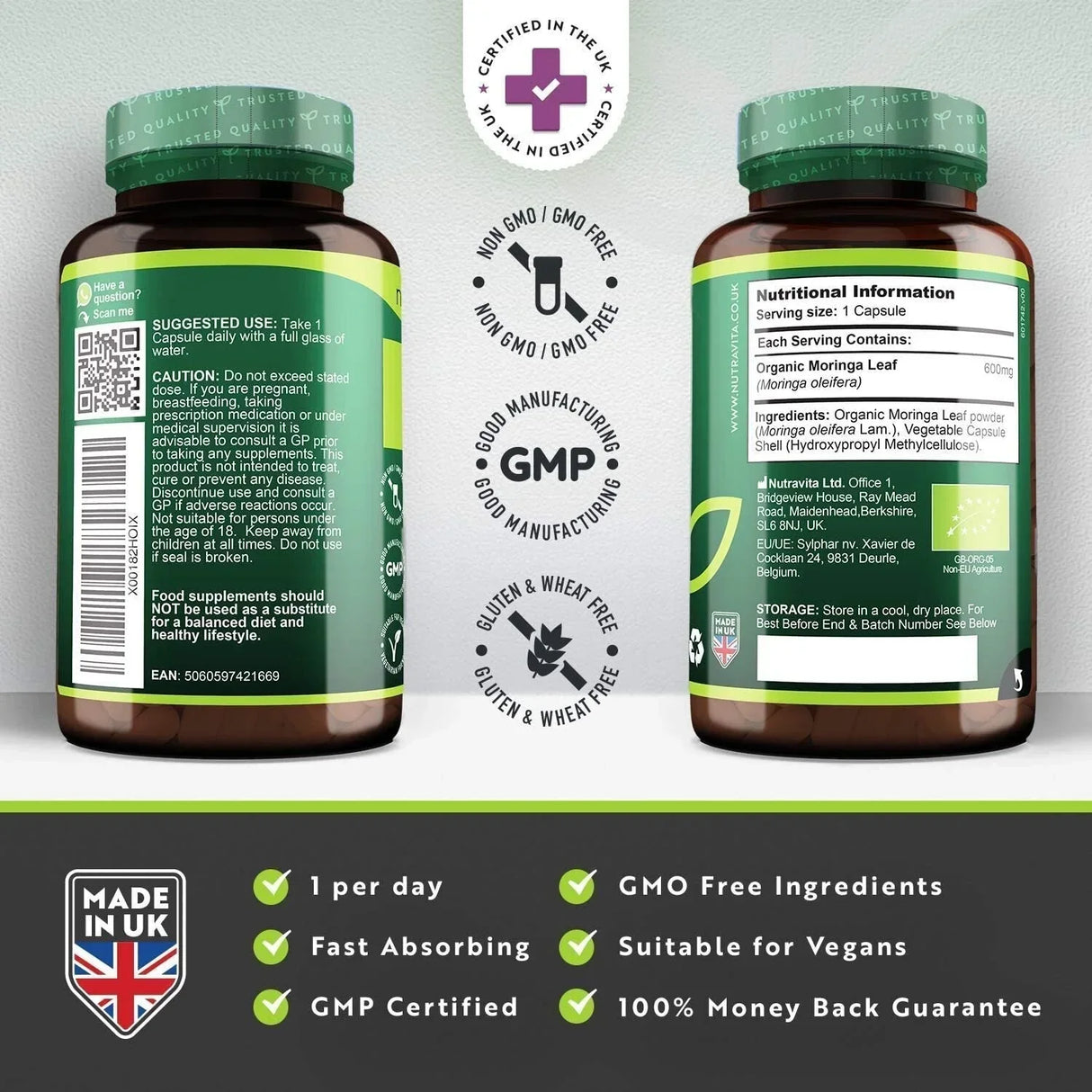 Organic Moringa - Bio Moringa 600 mg 120 Vegán kapszula