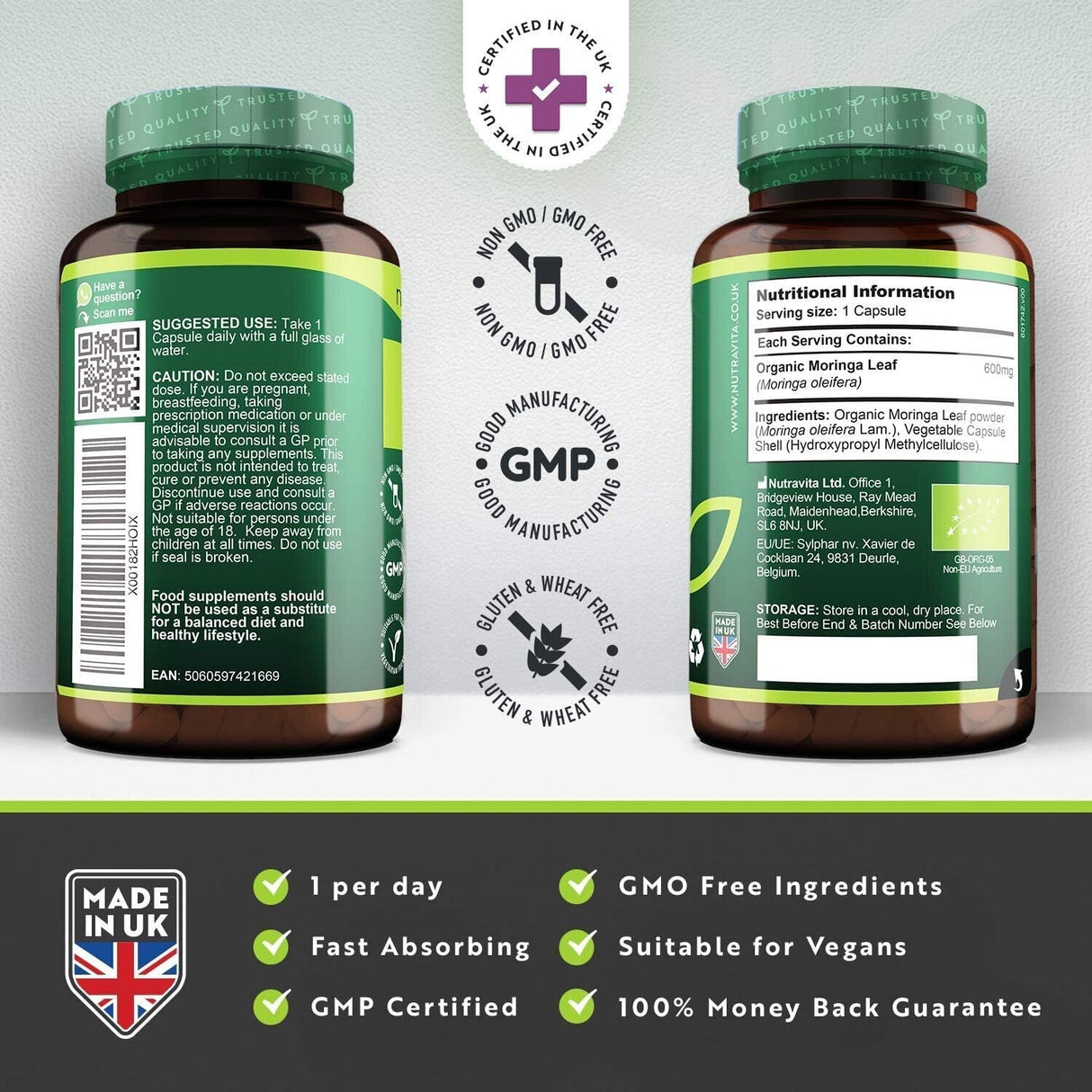 Organic Moringa - Bio Moringa 600 mg 120 Vegán kapszula