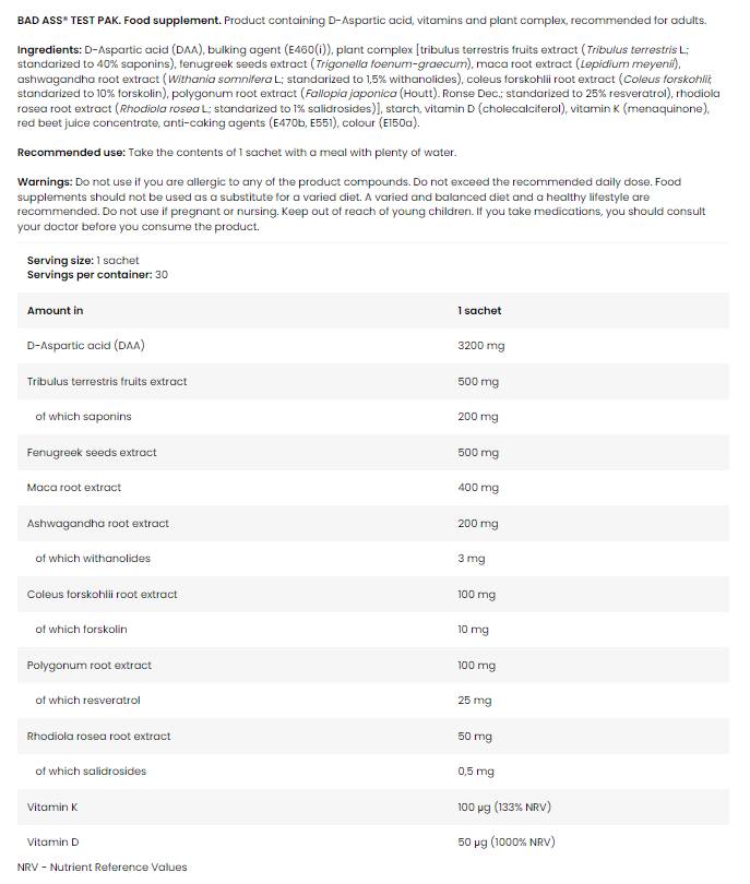 Bad Ass Test Pak | Advanced T-Boost Formula - 30 Packets - Nutra Best Europe