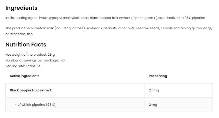 Piperine 95 Vege | 2 mg 180 kapszula