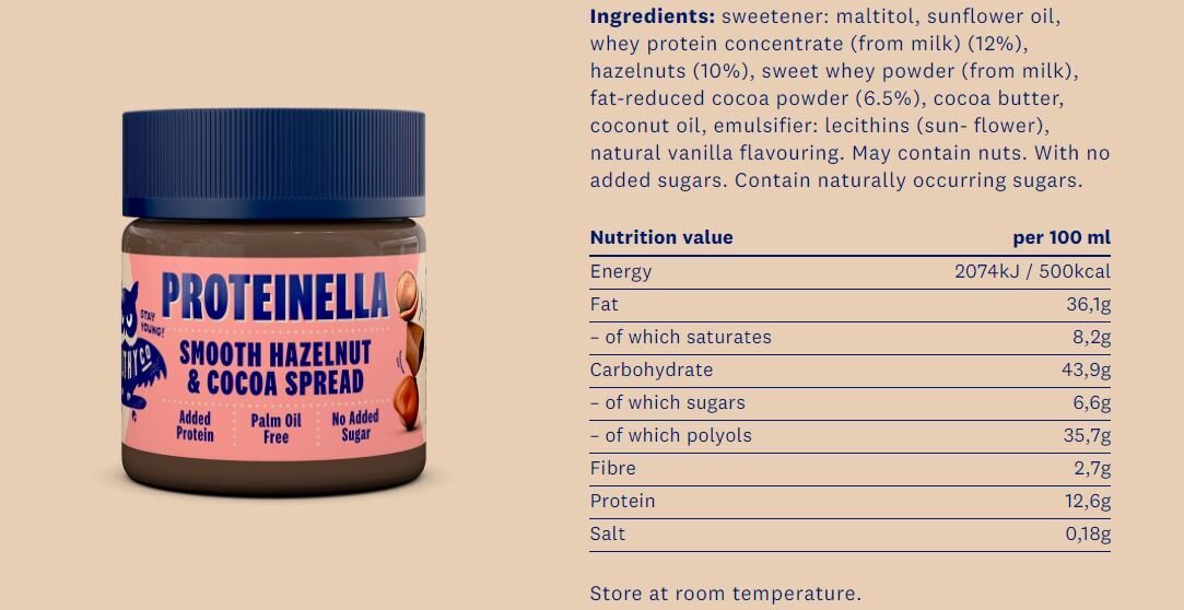 Proteinella Mogyoró és kakaó 400 g - folyékony csokoládé hozzáadott cukor és pálmaolaj nélkül