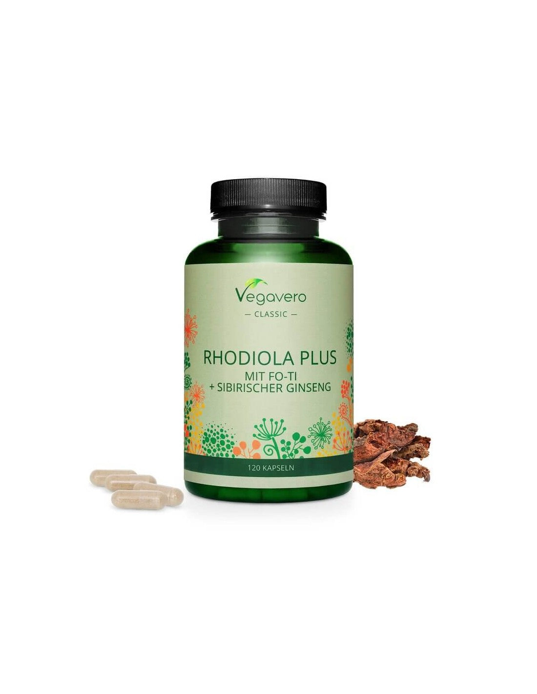 Rhodiola Plus mit Fo-Ti + Sibirischer Ginseng/Aranygyökér + Fo-ti és Szibériai ginzeng, 120 kapszula, 100% Vegán