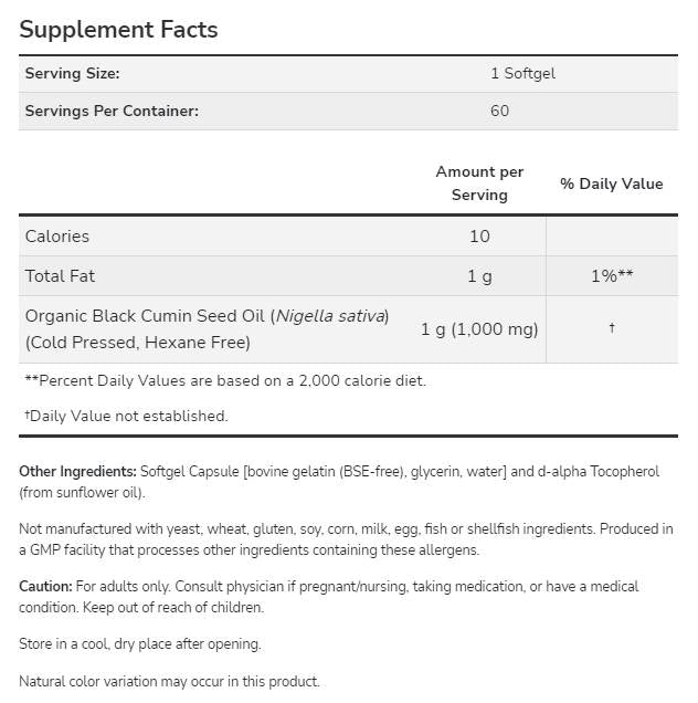 Black Cumin Seed Oil 1000 mg - 60 Gel capsules - Nutra Best Europe