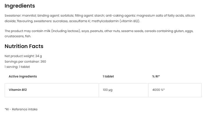 B12-vitamin Metilkobalamin | Pasztillák 360 Nyelv alatti tabletta