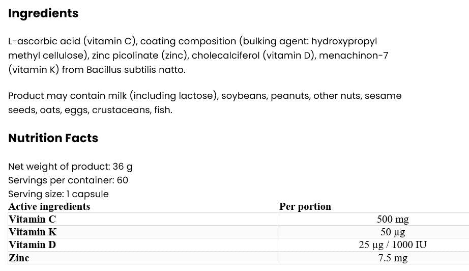 D3-vitamin 2000 + K2 MK-7/+ C-vitamin + Cink 60 kapszula