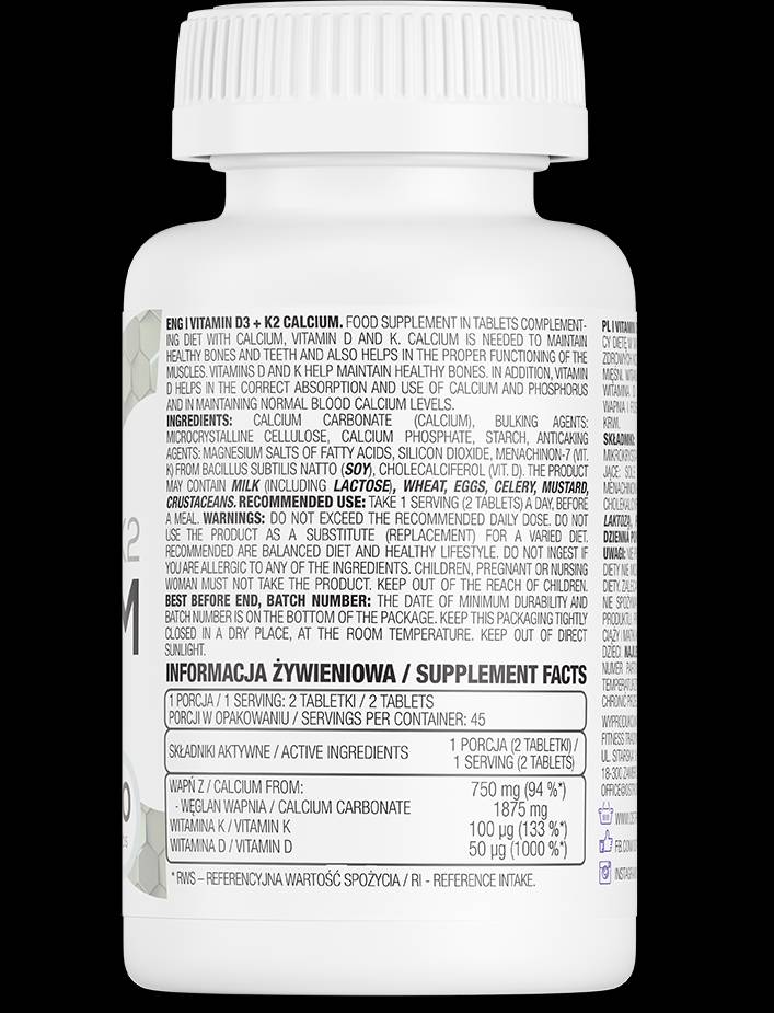 Vitamin D3 2000 + K2 100 mcg + Calcium 90 Tablets - Nutra Best Europe