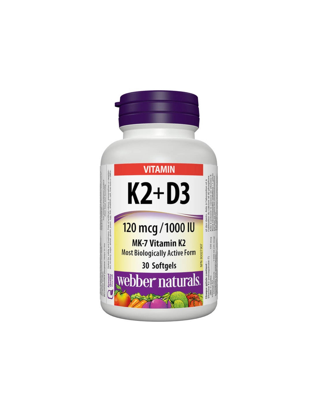 K2 + D3 vitamin/K2 vitamin 120 µg + D3 1000 NE, 30 db lágyzselé kapszula <tc>Webber Naturals</tc>