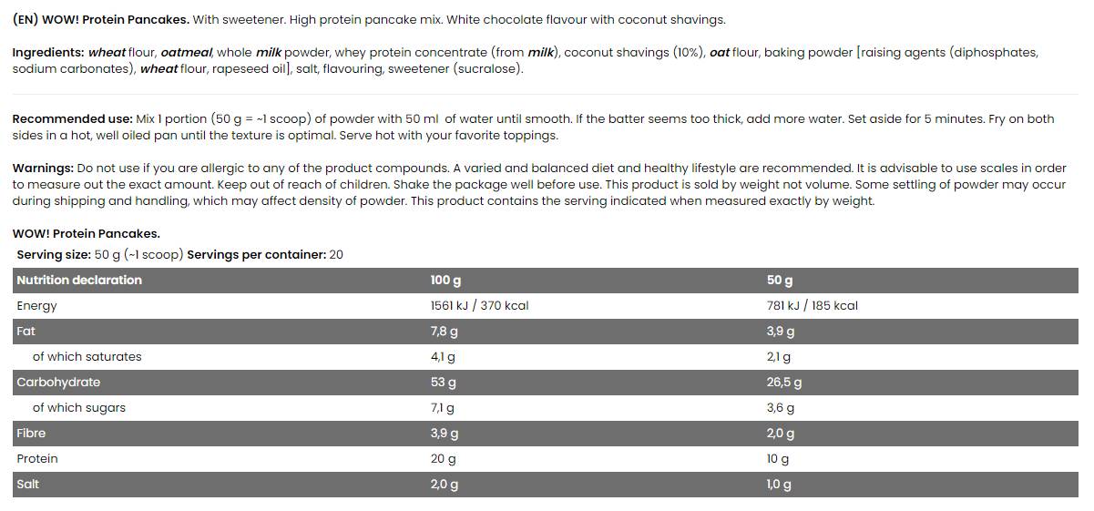 WOW! Protein palacsinta | 20% fehérje - hozzáadott cukor nélkül - 1000 gramm