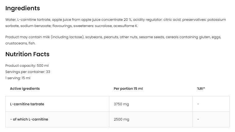 L-Carnitine 125.000 Tartrate Liquid 500 ml - Nutra Best Europe