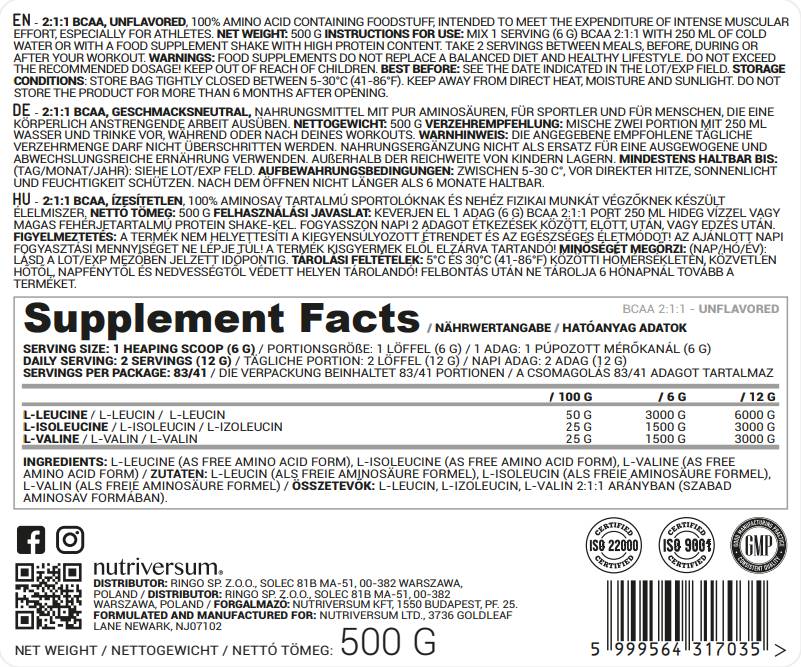 BCAA 2:1:1 Powder - 500 grams - Nutra Best Europe