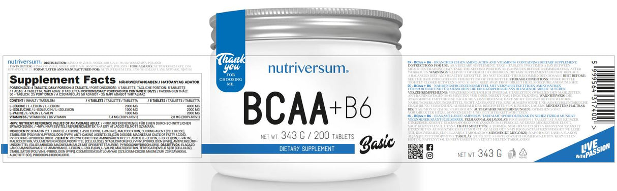 BCAA + B6 Tablets - 200 Tablets - Nutra Best Europe