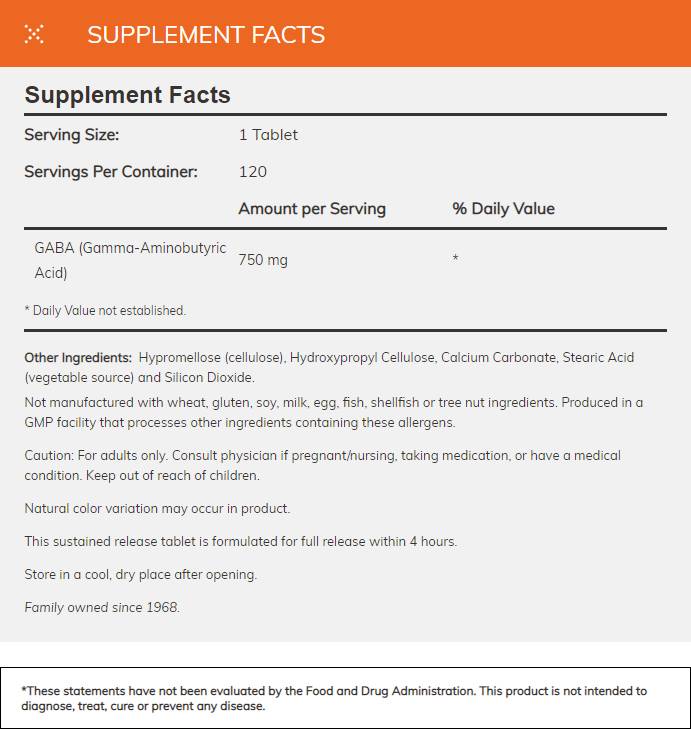 GABA 750 mg / Sustained Release - 120 Tablets - Nutra Best Europe