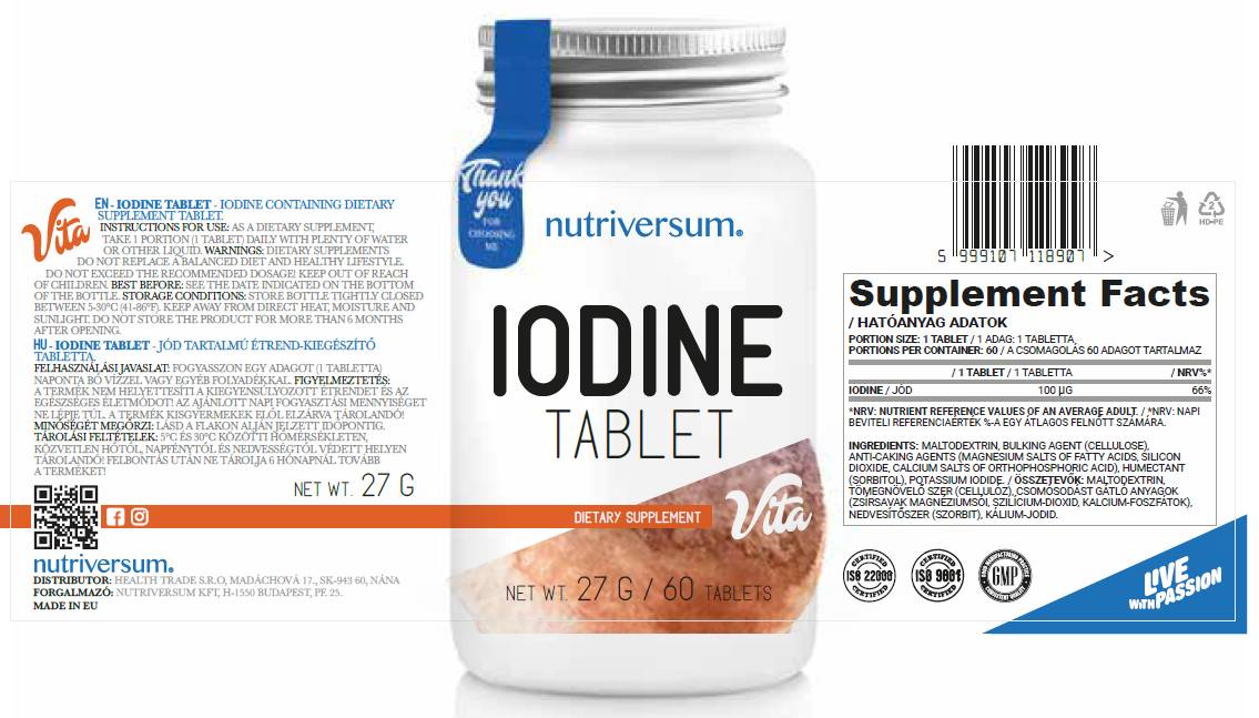 Iodine Tablet 100 mcg - 60 Tablets - Nutra Best Europe