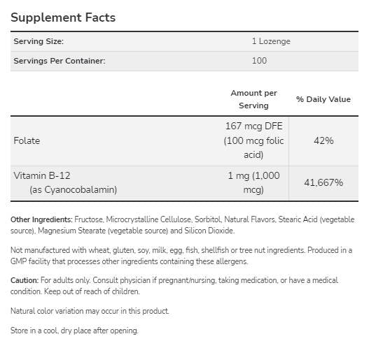 Vitamin B-12 1000 mcg | with Folic Acid - 250 Sublingual tablets - Nutra Best Europe