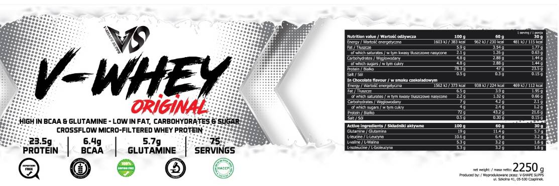 V-Whey Original | High in BCAA and Glutamine - 2250 grams - Nutra Best Europe