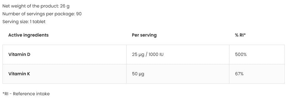 Vitamin D3 1000 IU + K2 50 mcg 90 Tablets - Nutra Best Europe