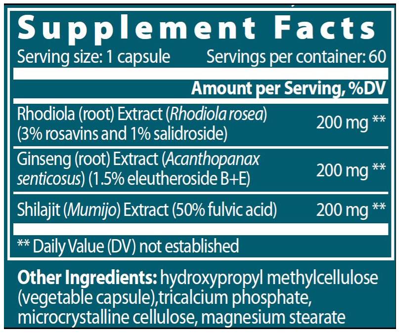 Eastern Adaptogen | Rhodiola + Ginseng + Shilajit - 60 capsules - Nutra Best Europe