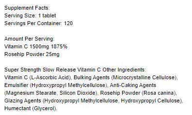 Super Strength Slow Release Vitamin C 1500 mg - 120 Tablets - Nutra Best Europe