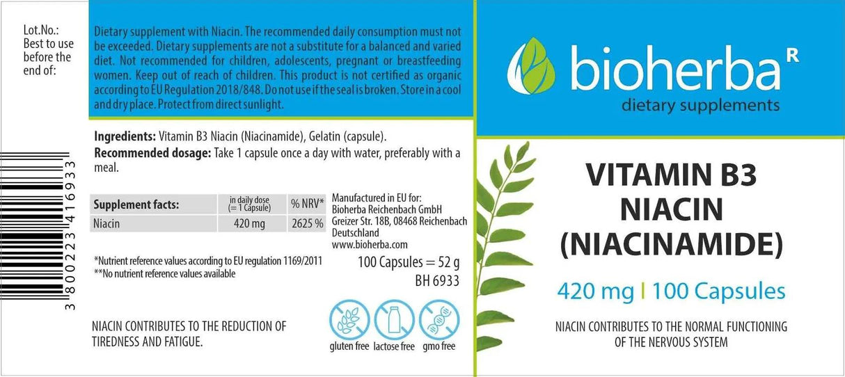 Niacinamide 420 mg - 100 capsules - Nutra Best Europe