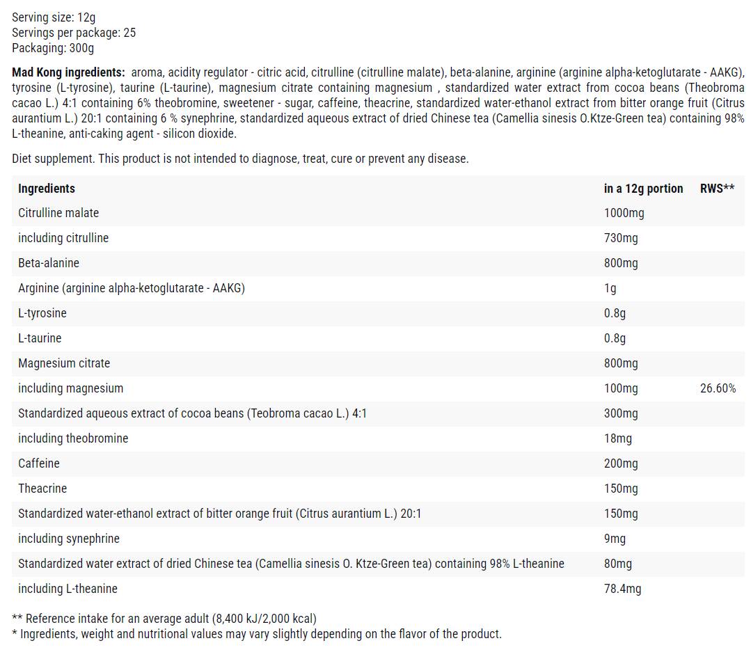 Mad Kong | Never Ending Energy Pre-Workout 300 grams - Nutra Best Europe