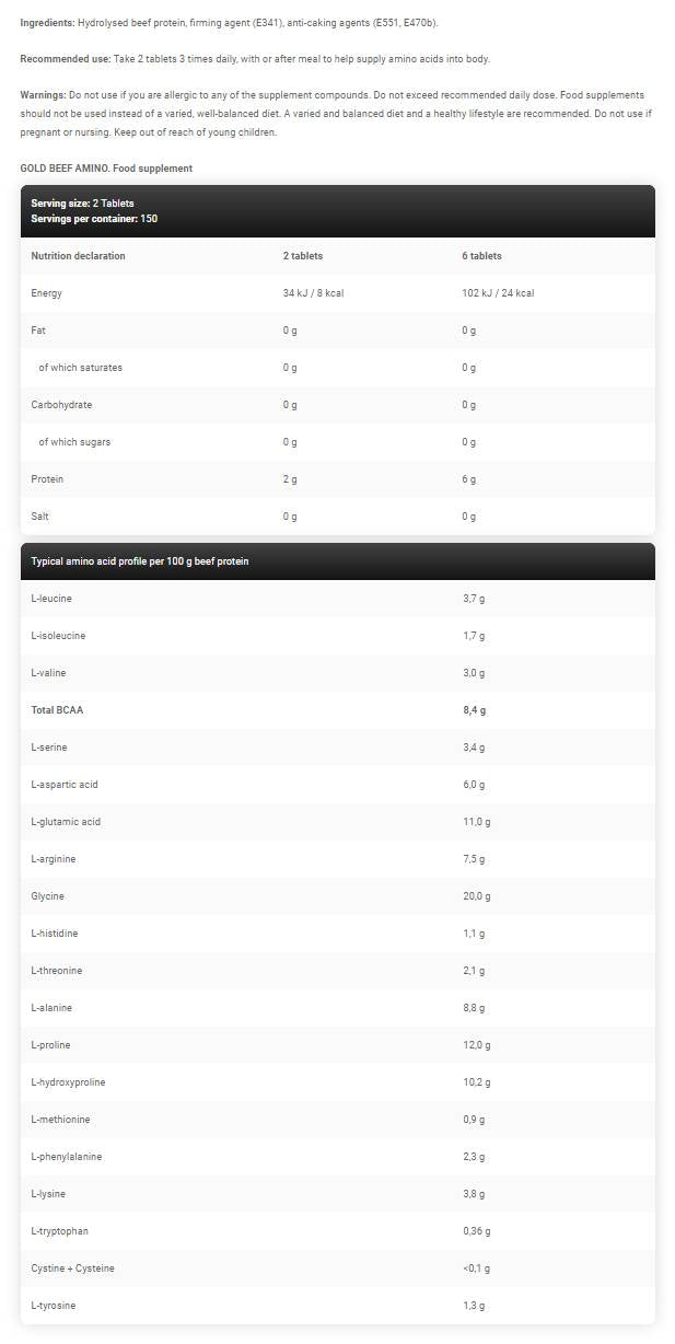 GOLD Beef Amino | High Potency Amino Acid Blend - 300 Tablets - Nutra Best Europe