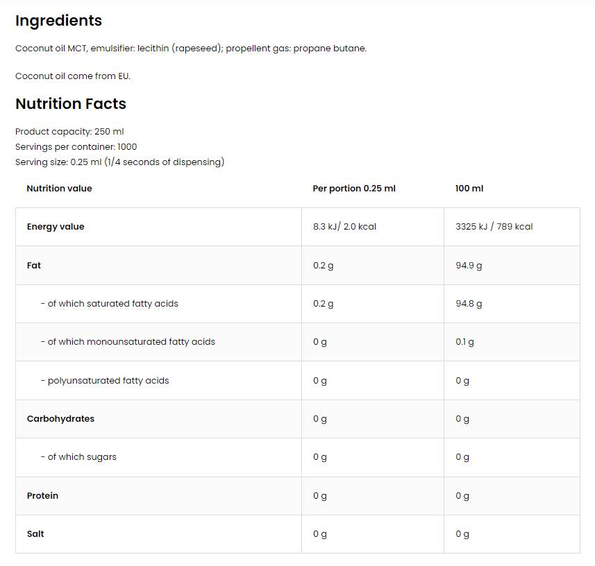 Cooking Spray / Coconut 250 ml - Nutra Best Europe