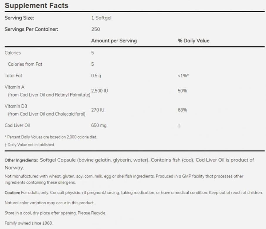 Cod Liver Oil 650 mg - 250 Gel capsules - Nutra Best Europe