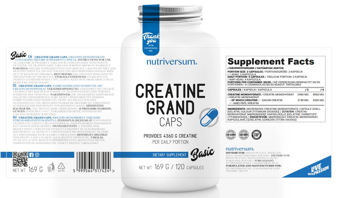 Creatine Grand Caps | Creatine Monohydrate 120 capsules - Nutra Best Europe