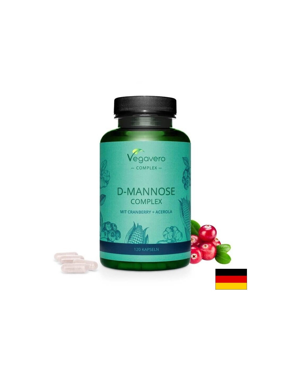 D-Mannose Complex mit Cranberry + Acerola/ D-mannose complex with cranberry and acerola, 120 capsules, 100% Vegan Vegavero - Nutra Best Europe