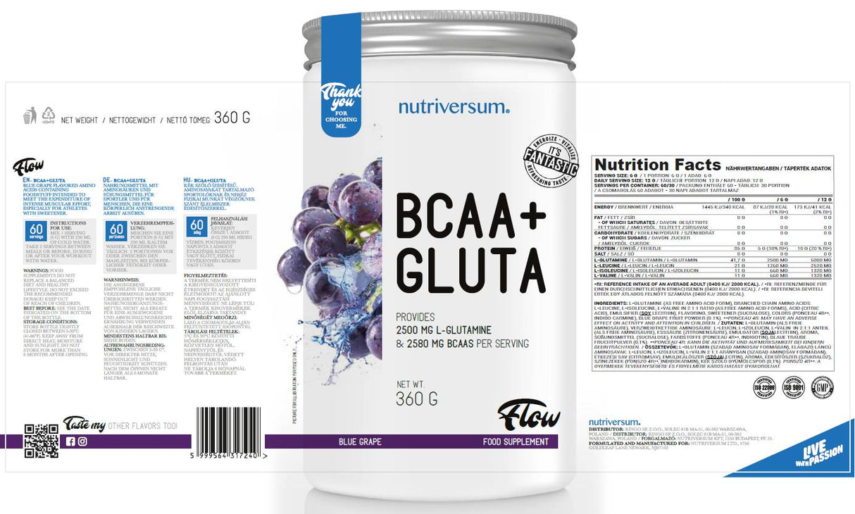 BCAA + Gluta Powder | Flow - 360 grams - Nutra Best Europe
