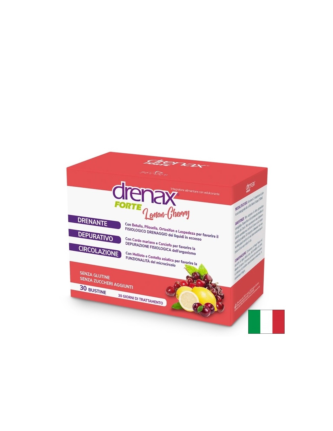 Diuretic detox formula - Drenax - Drenax® with white birch, blackcurrant and mouse ears, 30 sachets, lemon and cherry flavor - Nutra Best Europe