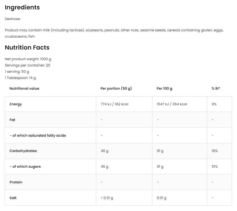Dextrose - 1000 grams - Nutra Best Europe