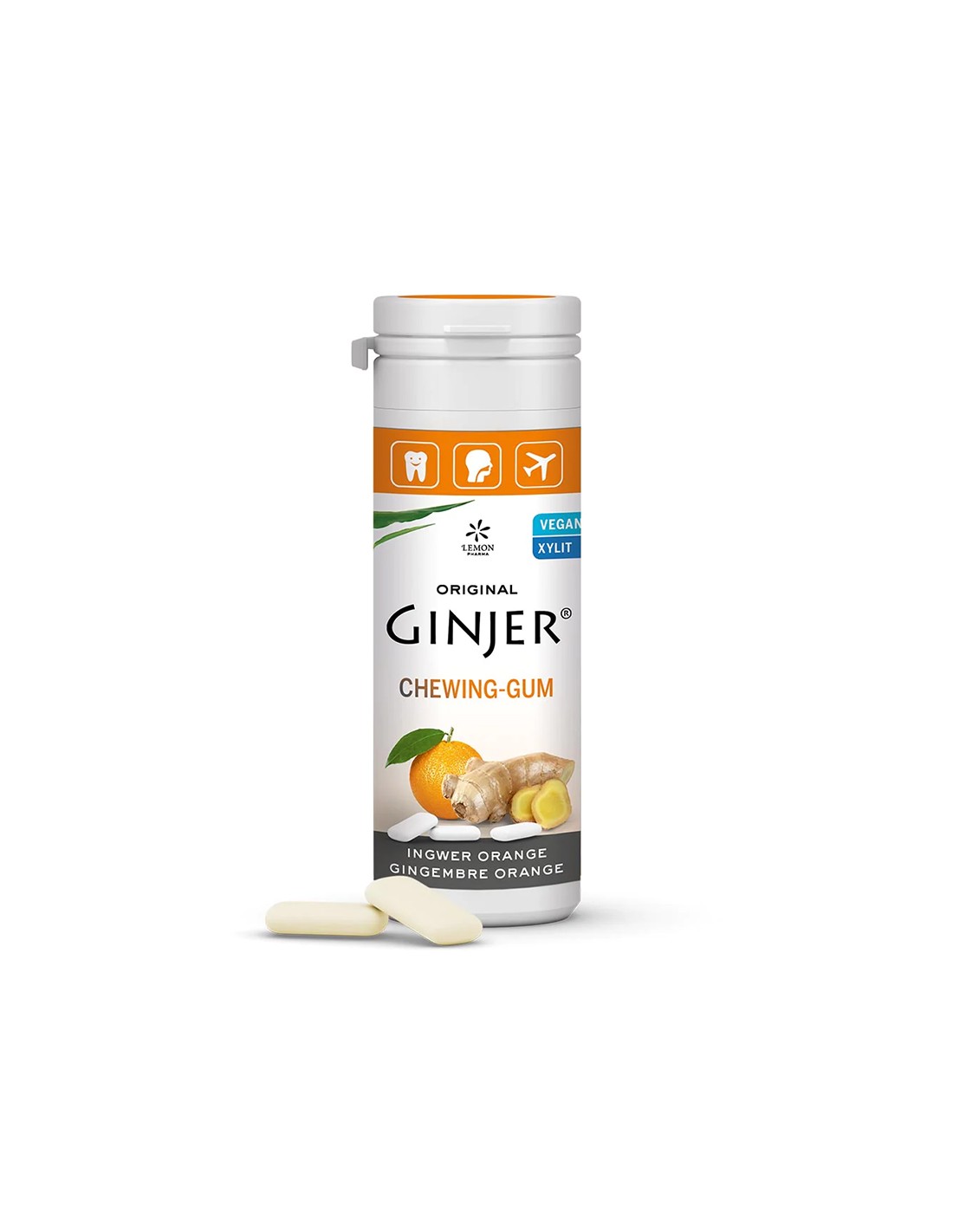 Chewing gum with ginger and orange - For fresh breath and reduction of nausea during travel, 20 pieces - Nutra Best Europe