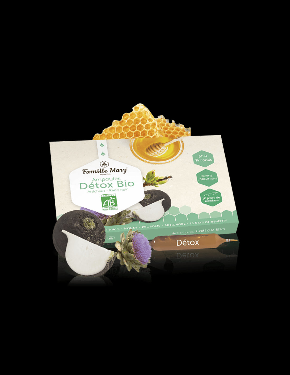 Ampoules Détox Bio Artichaut-Radis noir / Detox bio with artichoke, black turnip, honey and propolis / 10 ampoules Famille Mary - Nutra Best Europe