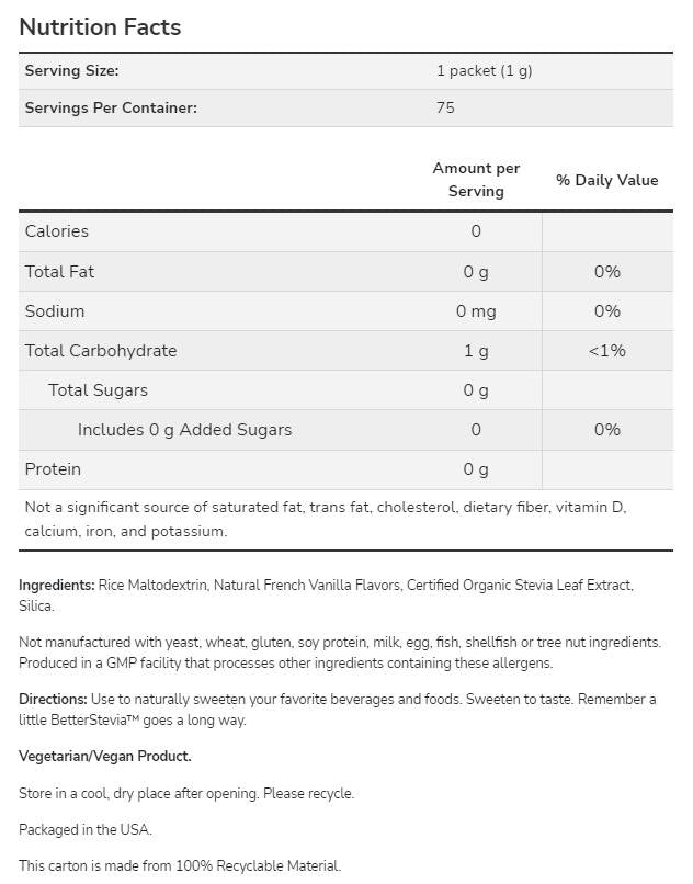Better Stevia® Packets | French Vanilla - 75 Packets - Nutra Best Europe